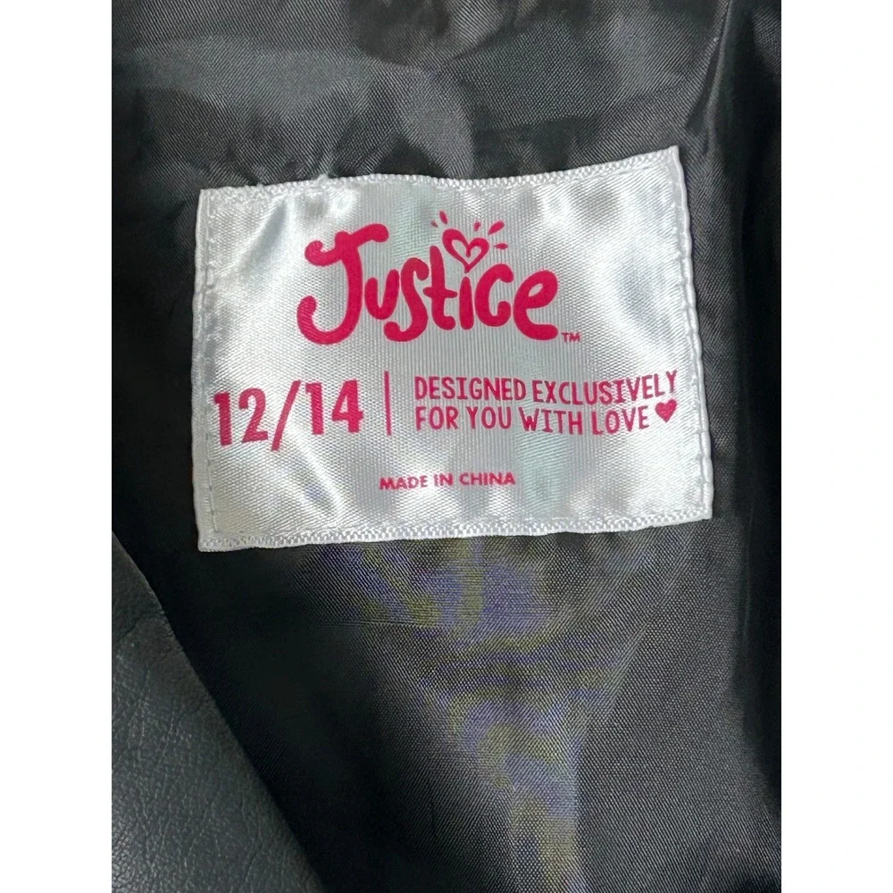 Justice Girls Black Faux Leather Moto Vest Studded Asymmetrical Zip Size 12/14
